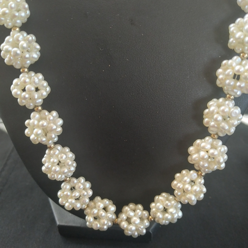 Vintage hand woven pearl cluster ball necklace